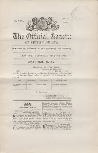 cover page of Official Gazette of British Guiana published on May 8, 1912