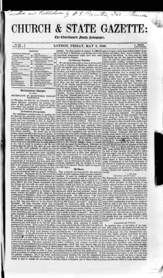 cover page of Church & State Gazette (London) published on May 8, 1846
