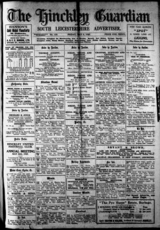 cover page of Hinckley Guardian and South Leicestershire Advertiser published on May 8, 1925