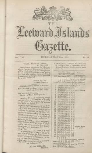 cover page of Leeward Islands Gazette published on May 11, 1893