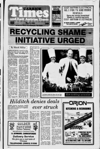 cover page of Carrick Times and East Antrim Times published on May 9, 1991