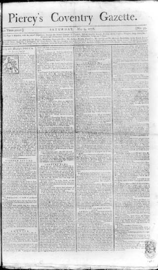 cover page of Piercy's Coventry Gazette published on May 9, 1778